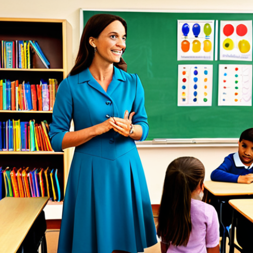 **

A professional female teacher in a fully clothed, modest dress, standing in a bright and colorful classroom filled with children engaged in learning activities. Bookshelves and educational posters adorn the walls. Safe for work, appropriate content, perfect anatomy, natural proportions, well-formed hands, proper finger count, professional, family-friendly, high resolution, detailed.

**