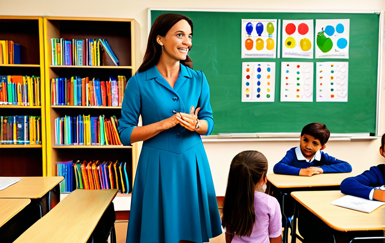 **
A professional female teacher in a fully clothed, modest dress, standing in a bright and colorful classroom filled with children engaged in learning activities. Bookshelves and educational posters adorn the walls. Safe for work, appropriate content, perfect anatomy, natural proportions, well-formed hands, proper finger count, professional, family-friendly, high resolution, detailed.
**