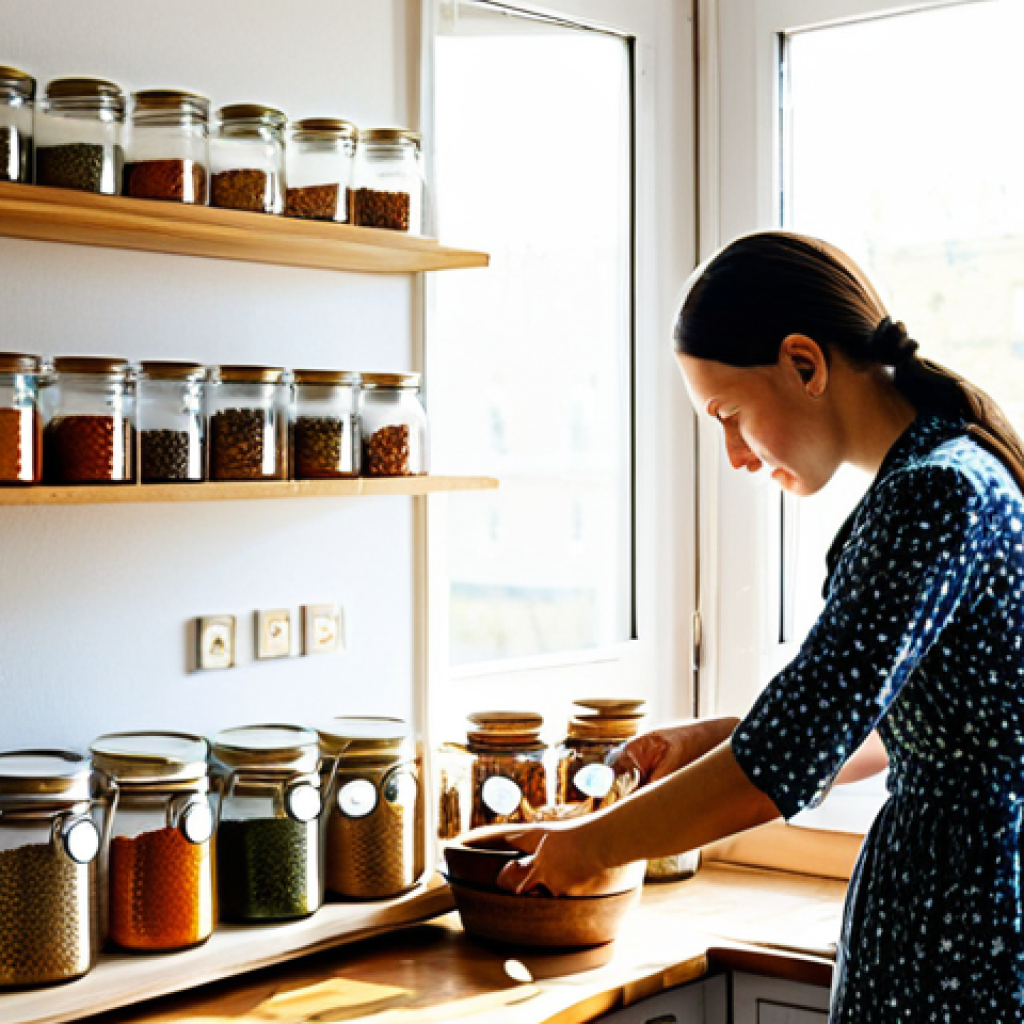 정리 정돈 습관 기르기 - A bright and airy Russian kitchen, a woman in a modest, floral-print dress is organizing spices on a...