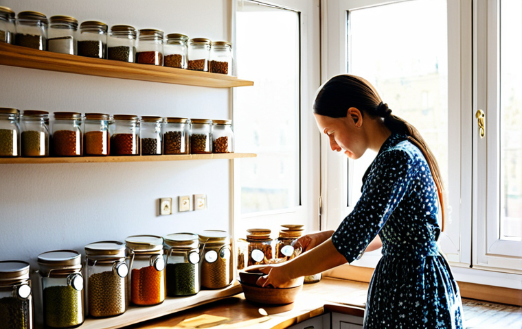 정리 정돈 습관 기르기 - A bright and airy Russian kitchen, a woman in a modest, floral-print dress is organizing spices on a...