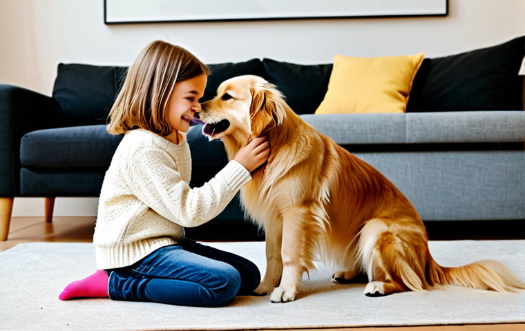 동물과의 교감 교육 - Child and Pet (Empathy Development)**
"A young girl, around 8 years old, gently brushing a fluffy g...