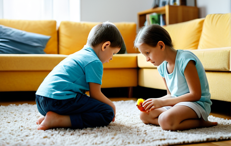 부모 교육 코칭 기법 - **Prompt:** A cozy, warmly lit living room in a modern Russian apartment. A young child, around 5-7 ...