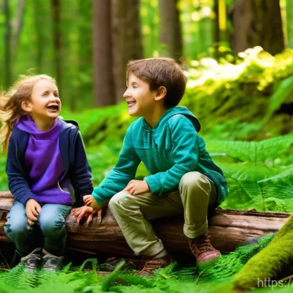 자연 친화적 유아교육 - **Prompt 1: Energetic Forest Exploration**
    "A group of three diverse children, aged approximatel...