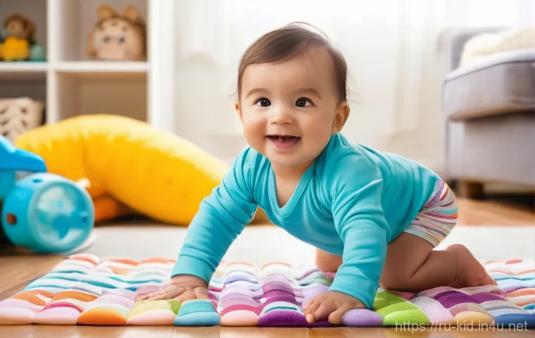 영유아 기초 체력 키우기 - A cheerful, curious toddler, approximately 12-18 months old, wearing a clean, brightly colored diape...