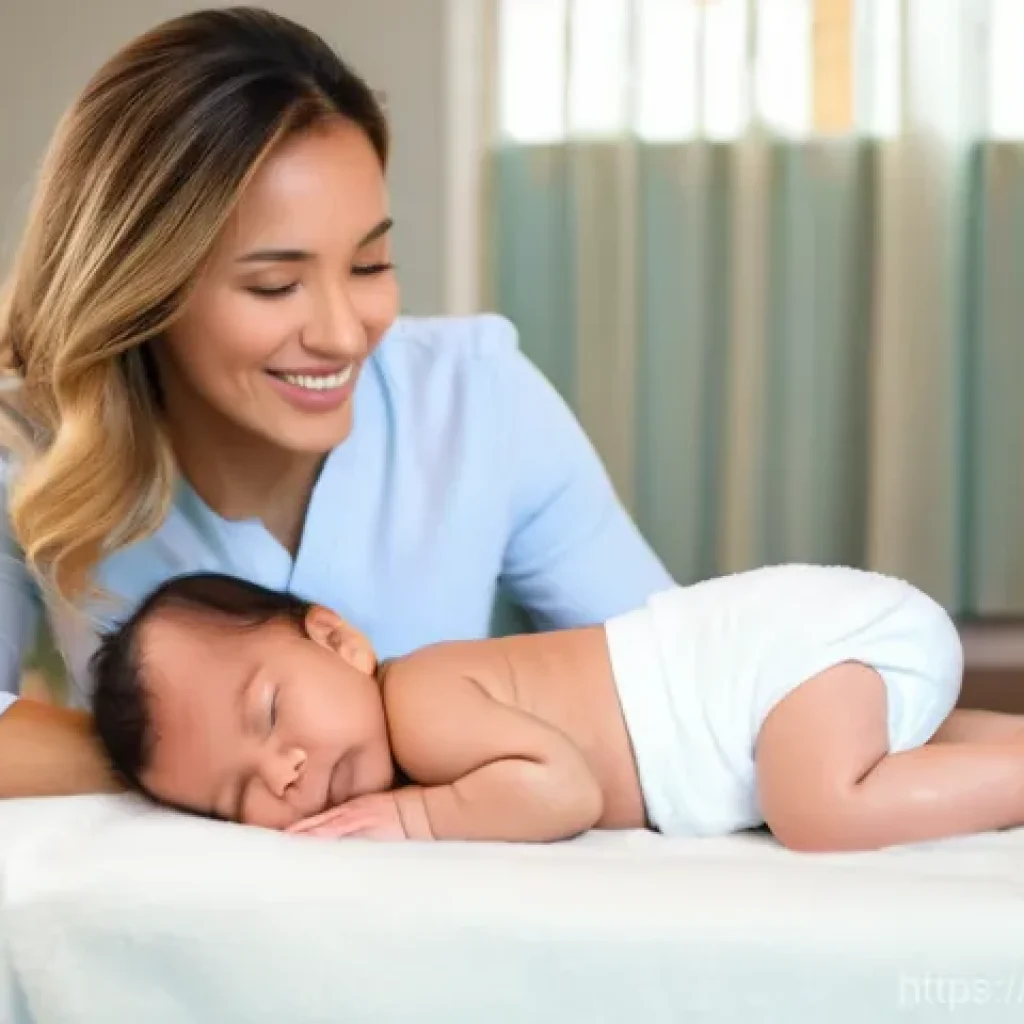 베이비 마사지 효과 - "A warm and tender moment between a mother and her infant during a gentle massage. The baby, approxi...