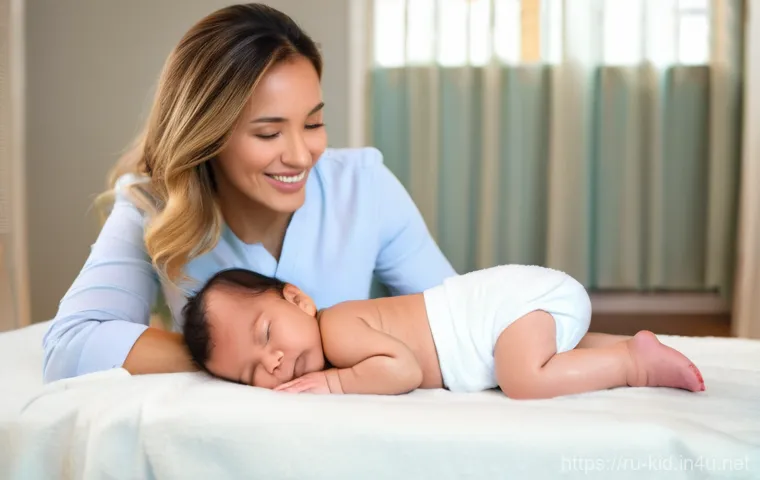 베이비 마사지 효과 - "A warm and tender moment between a mother and her infant during a gentle massage. The baby, approxi...