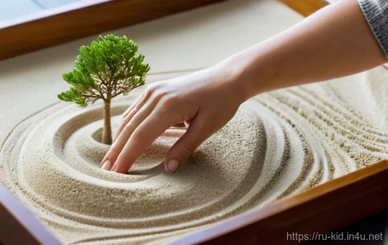 모래 놀이 치료 - **Prompt 1: Serene Introspection with Sand Tray**
A close-up, eye-level shot of a person's hands...