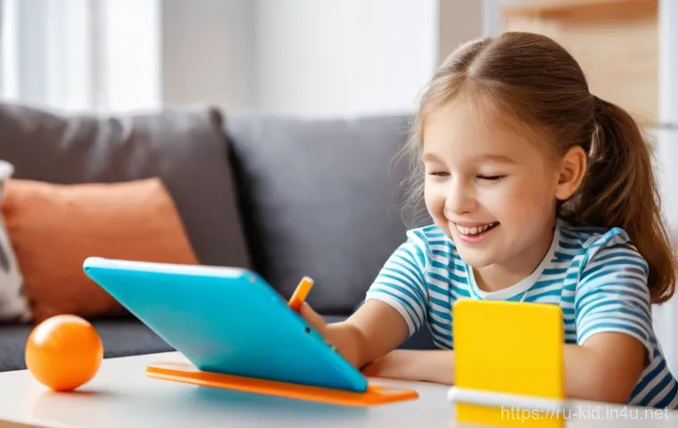 영유아 ICT 활용 교육 - **Prompt:** A heartwarming scene featuring a smiling Russian child, approximately 3-4 years old, com...