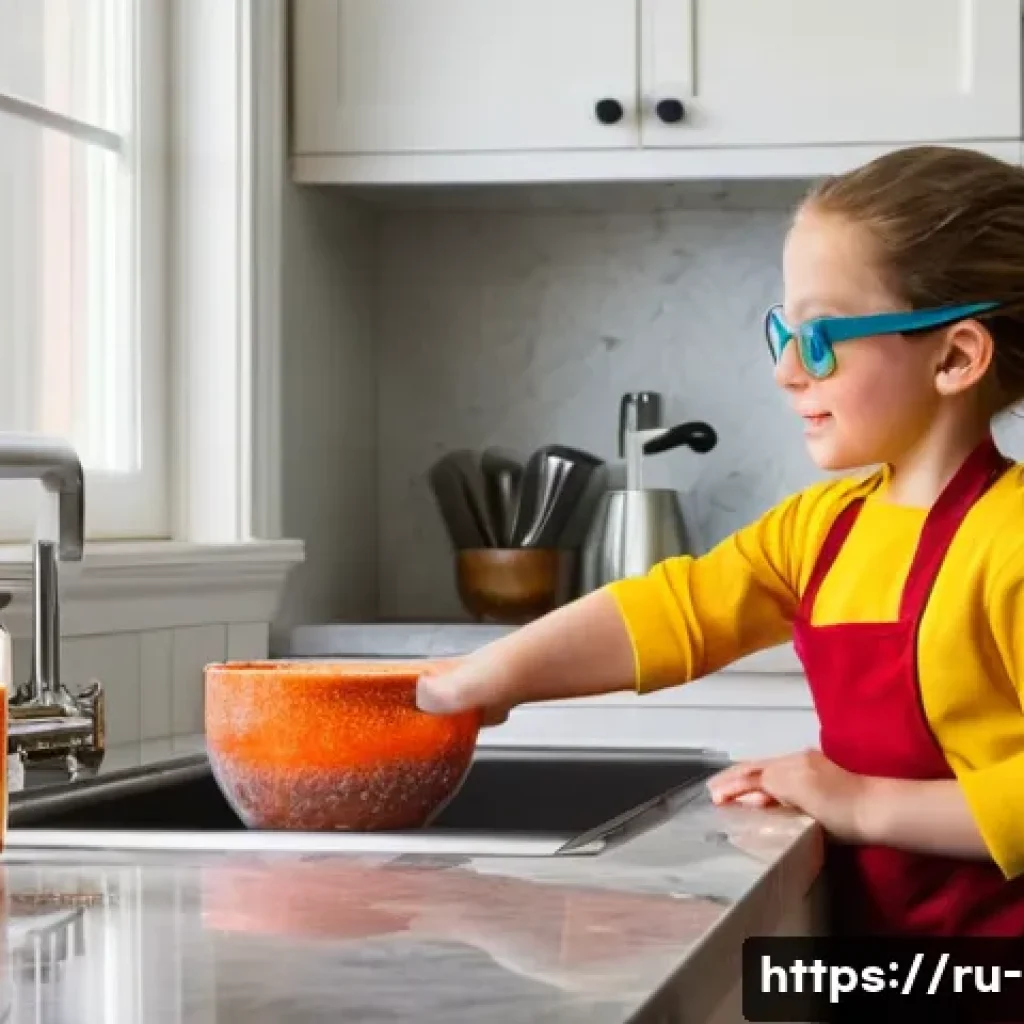 유아 과학 탐구 활동 - **Prompt:** A curious 7-year-old girl in a bright, clean kitchen, wearing a cute, simple apron over ...