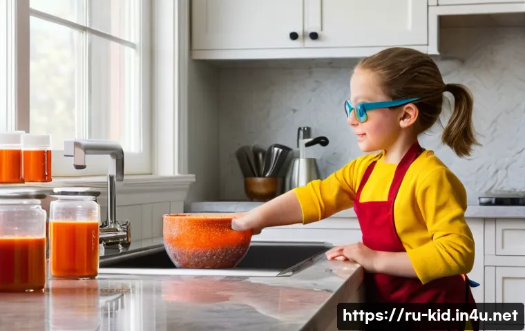 유아 과학 탐구 활동 - **Prompt:** A curious 7-year-old girl in a bright, clean kitchen, wearing a cute, simple apron over ...