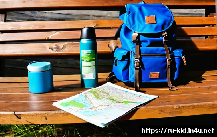 자연 탐구 활동 - **Prompt:** A vibrant, high-definition photograph of a well-organized hiking backpack resting on a r...