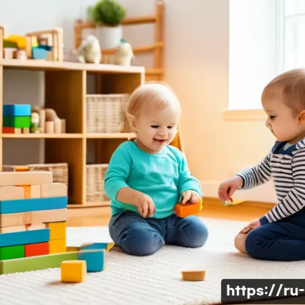 영유아 놀이 중심 교육 - A cozy indoor playroom scene featuring toddlers wearing diapers, engaging in a Montessori-style acti...