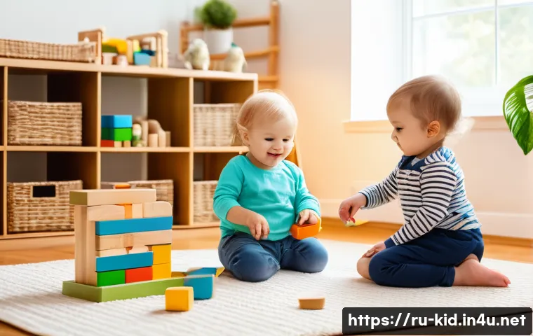 영유아 놀이 중심 교육 - A cozy indoor playroom scene featuring toddlers wearing diapers, engaging in a Montessori-style acti...