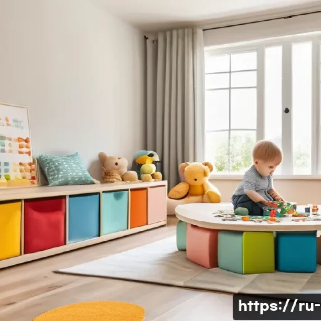 유아기 환경 조성 원리 - A cozy and safe children's playroom divided into distinct functional zones: a reading nook with soft...