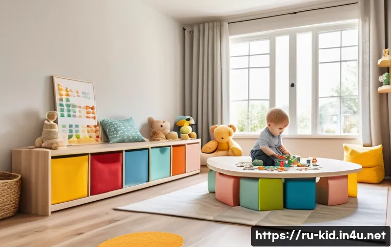 유아기 환경 조성 원리 - A cozy and safe children's playroom divided into distinct functional zones: a reading nook with soft...