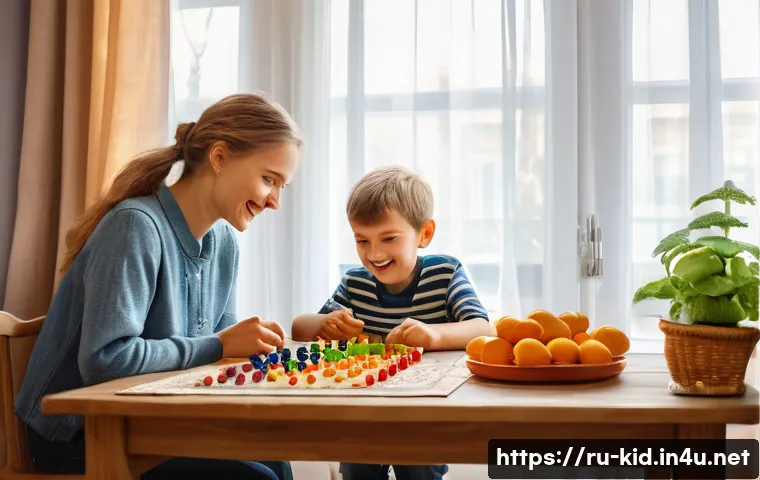 아빠와 함께하는 놀이 - A cozy family living room scene featuring a young Russian boy aged around 5, wearing colorful casual...