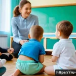 Home 20 놀이 중재 방법 - A warm, inviting classroom scene in a Russian kindergarten setting showing a diverse group of young ...