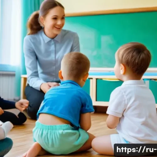 Home 32 놀이 중재 방법 - A warm, inviting classroom scene in a Russian kindergarten setting showing a diverse group of young ...
