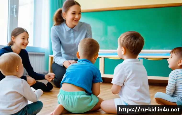 놀이 중재 방법 - A warm, inviting classroom scene in a Russian kindergarten setting showing a diverse group of young ...