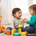 Home 19 유아기 사회성 발달 - A warm and cozy indoor scene showing a toddler around 2 years old playing with other children in a s...