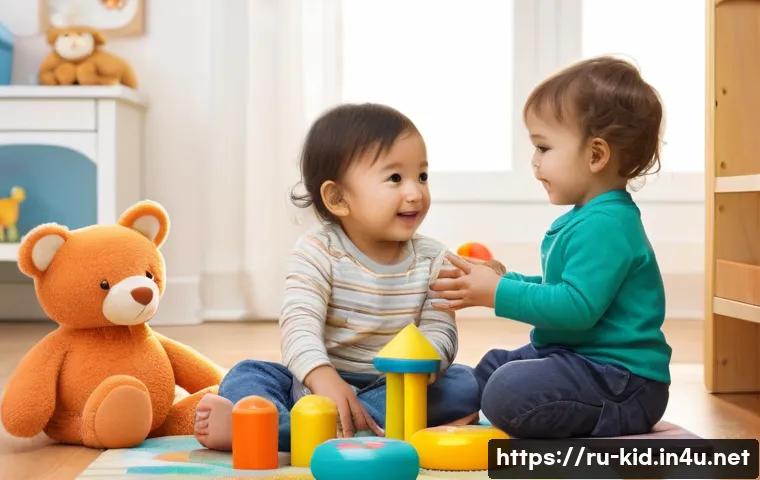 유아기 사회성 발달 - A warm and cozy indoor scene showing a toddler around 2 years old playing with other children in a s...