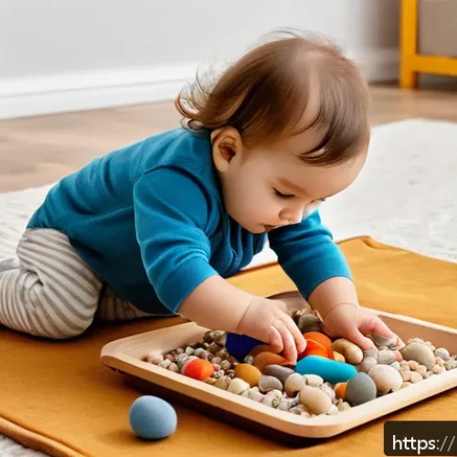Home 30 감각 발달 촉진 놀이 - A cozy indoor scene featuring a toddler wearing a colorful diaper, happily exploring a sensory box f...