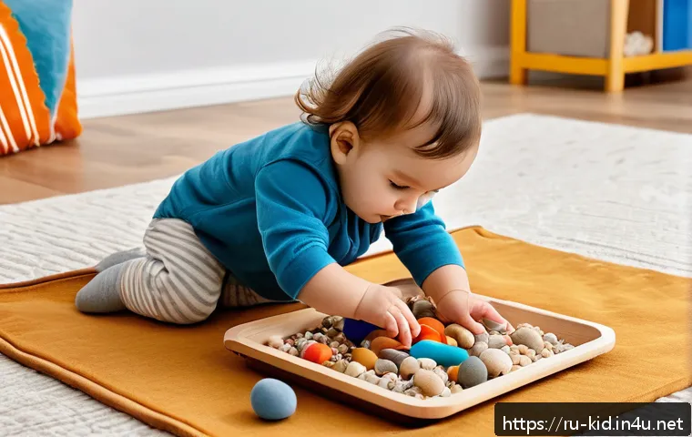 감각 발달 촉진 놀이 - A cozy indoor scene featuring a toddler wearing a colorful diaper, happily exploring a sensory box f...