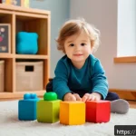 Home 23 놀이치료와 감정 조절 - A warm and cozy playroom scene featuring a young child wearing comfortable clothing, sitting on a so...