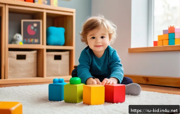 놀이치료와 감정 조절 - A warm and cozy playroom scene featuring a young child wearing comfortable clothing, sitting on a so...