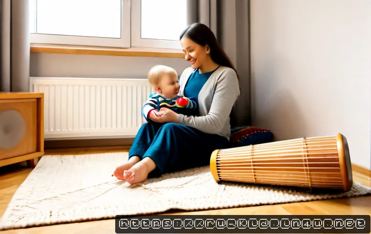 영유아 음악 감상 교육 - Photorealistic Russian home nursery, a warmly dressed mother and toddler sitting together on a soft ...