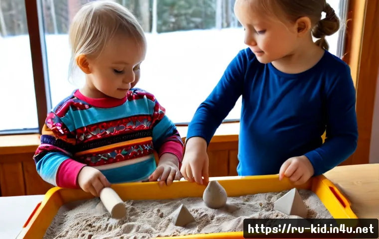 Home 15 오감 놀이 프로그램 - Photorealistic Russian preschool sensory play session, two fully clothed toddlers in colorful long-s...