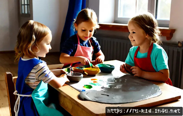 Home 15 유아기 창의적 활동 계획 - Photorealistic Russian preschool classroom during a creative activity session, caring female teacher...