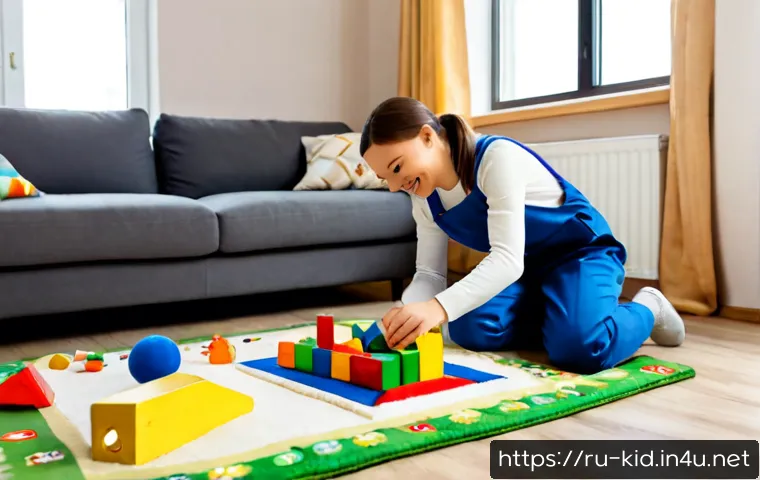 Home 17 영유아 창의력 개발 - Photorealistic Russian family living room, a cheerful mother and fully clothed toddler in soft cotto...